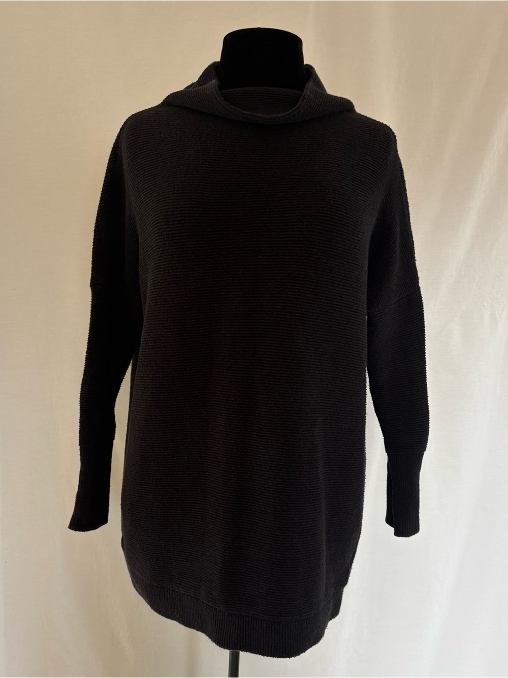 Free People Black Ribbed Tunic Sweater Cowl Neck Lagenlook Boho Oversized